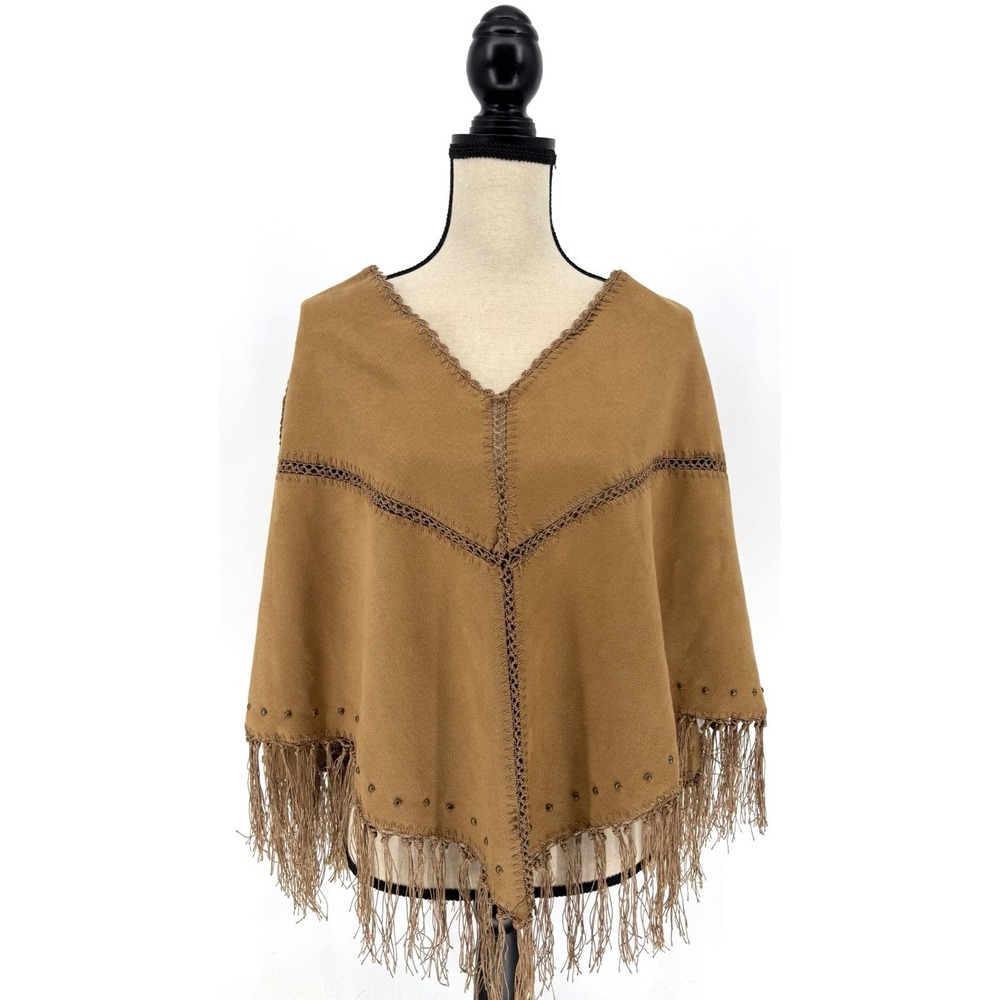 Bit & Bridle Western Cowgirl Fringe Poncho Shawl Studded Brown Faux Suede O/S